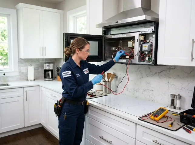 Appliance Repair Hero technician testing an over-the-range microwave in a Brooks, CA kitchen